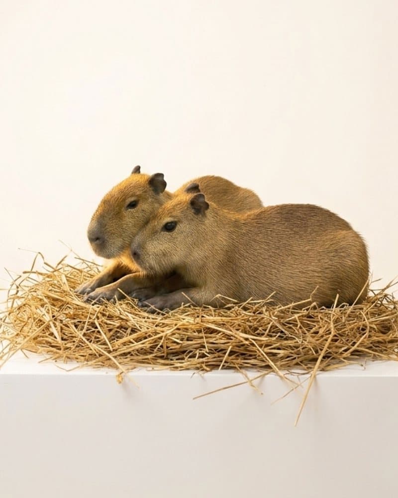Cashew dan Pystachio, dua capybara sedang beristirahat bersama di atas jerami